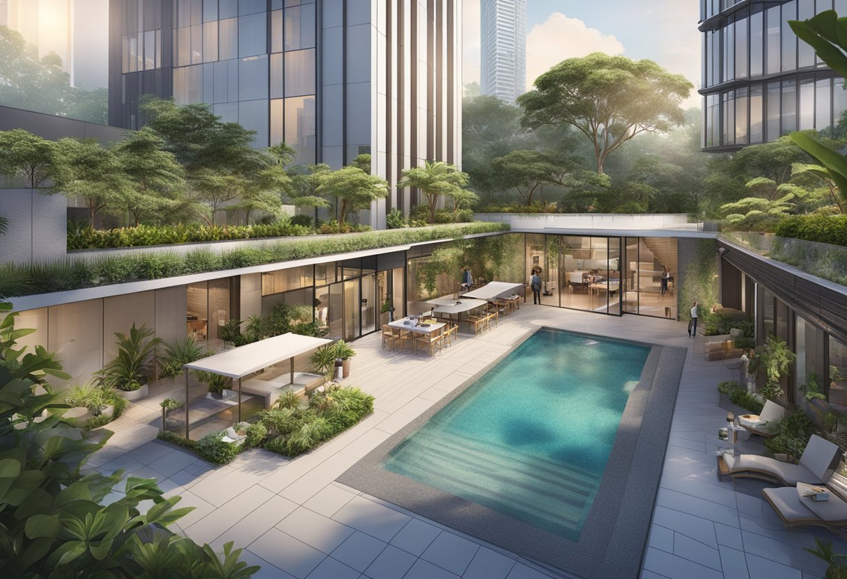 The scene at 1 Sims Lane, Singapore includes a modern building with greenery, a swimming pool, and outdoor seating areas