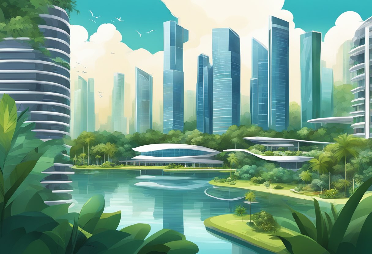A skyline of modern skyscrapers with sleek, futuristic hotel designs, surrounded by lush greenery and water features in Singapore