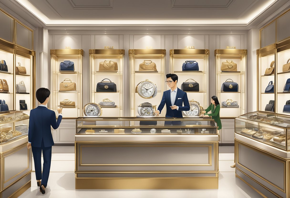 A luxurious Rolex watch displayed in a Singaporean shop, surrounded by elegant and modern interior decor, with a knowledgeable salesperson assisting a customer