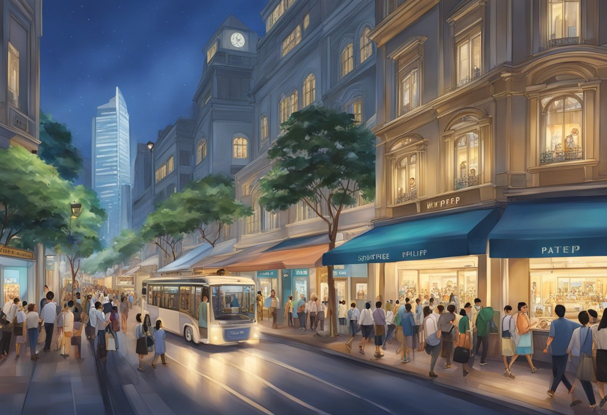 A bustling Singapore street with a prominent Patek Philippe storefront, surrounded by vibrant city lights and bustling crowds