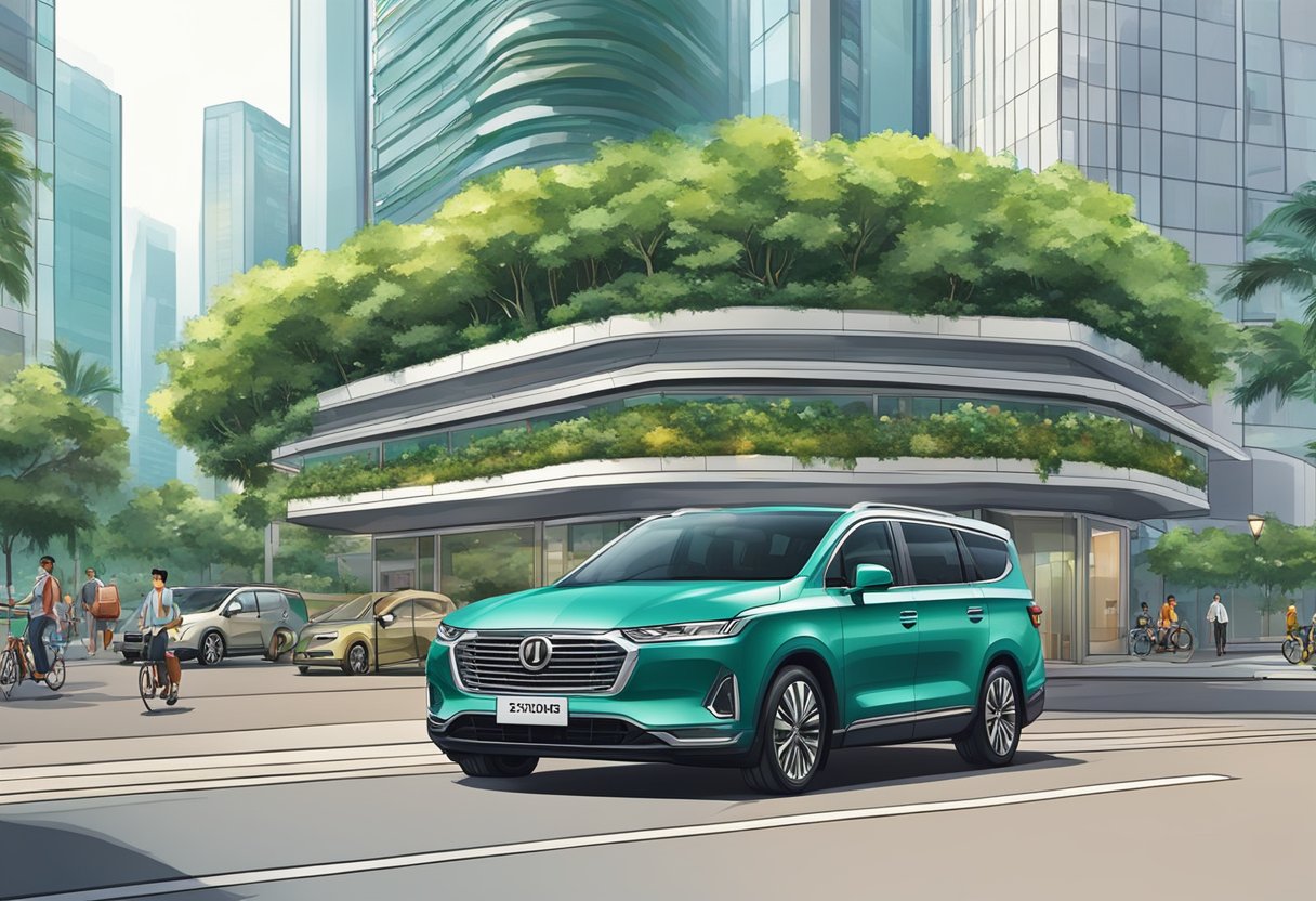 A 7-seater car parked in a bustling Singapore street, surrounded by modern skyscrapers and lush greenery