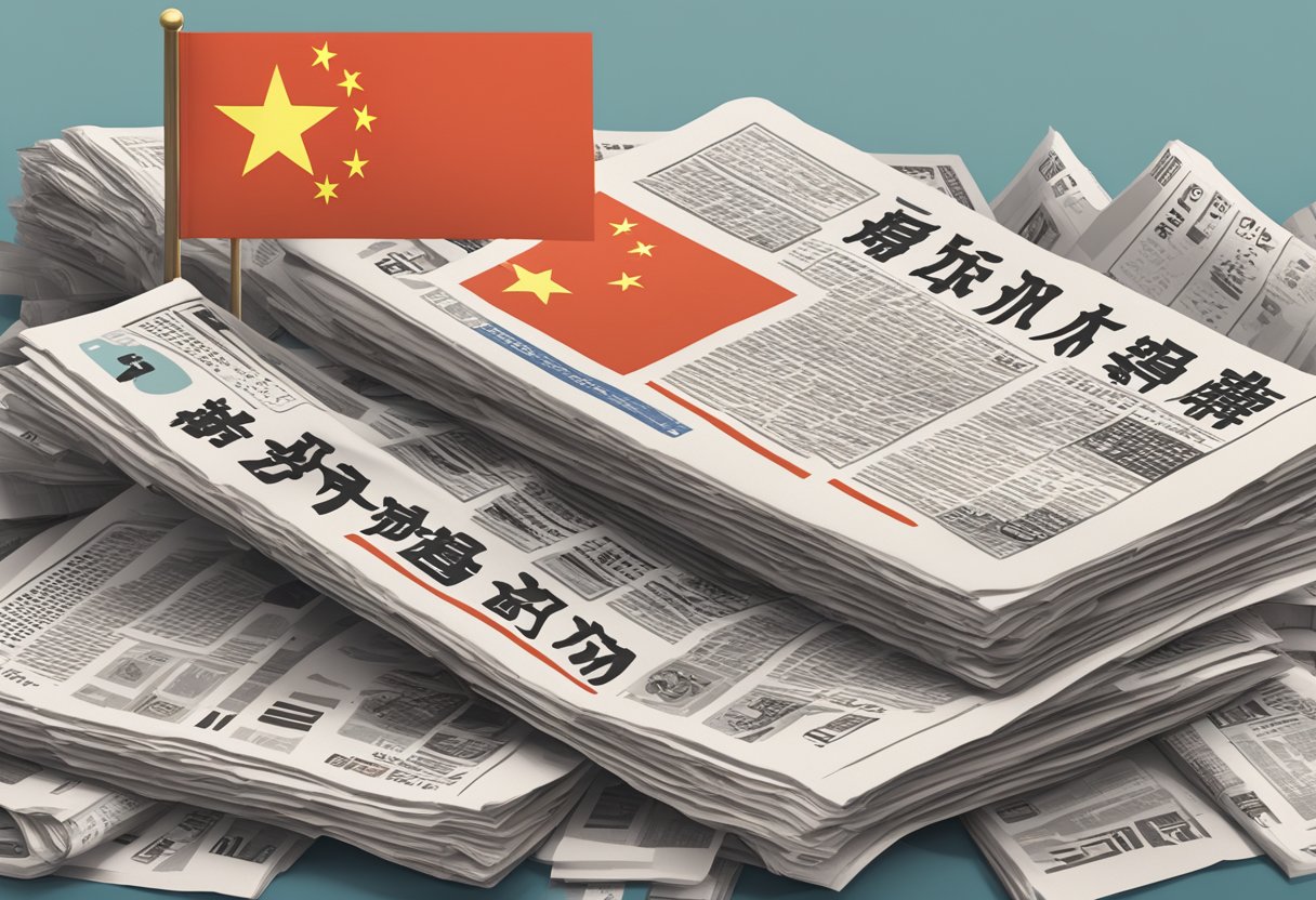 A stack of newspapers with "Frequently Asked Questions" in bold, Chinese characters, and a Singaporean flag in the background