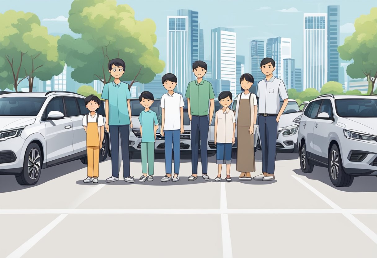 A family stands in front of a row of 7-seater cars at a dealership in Singapore. The cars are lined up neatly, with various makes and models to choose from