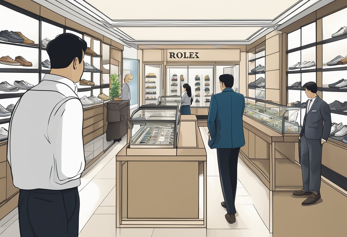 A sleek, modern watch shop in Singapore displays pre-owned Rolex timepieces. Customers browse the elegant cases, while a knowledgeable salesperson assists a client