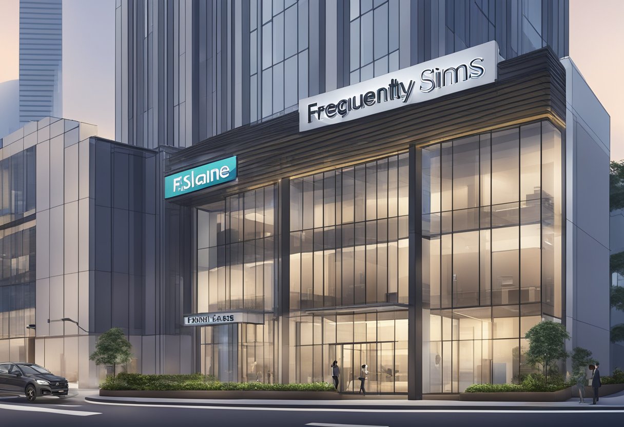 A modern office building with glass windows and a sleek entrance sign reading "Frequently Asked Questions 1 Sims Lane Singapore."