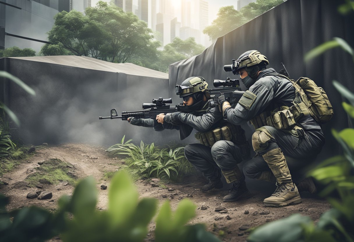 Players in tactical gear take cover behind obstacles, exchanging fire in a simulated urban environment at an airsoft arena in Singapore