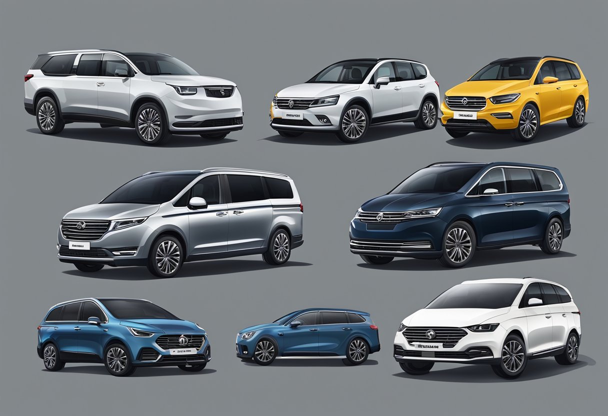 Seven popular 7-seater car models lined up, each with unique features highlighted