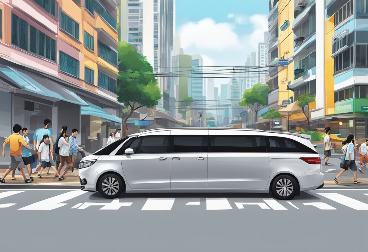 A 7-seater car parked in a busy Singapore street, with people walking by and city buildings in the background