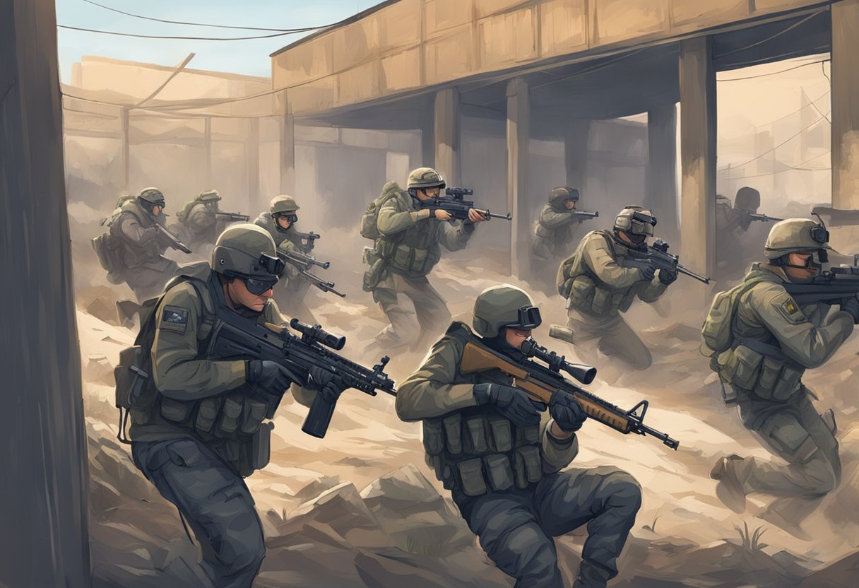 Players navigate through urban-themed airsoft arenas, dodging obstacles and seeking cover. The sound of gunfire echoes through the simulated battlegrounds