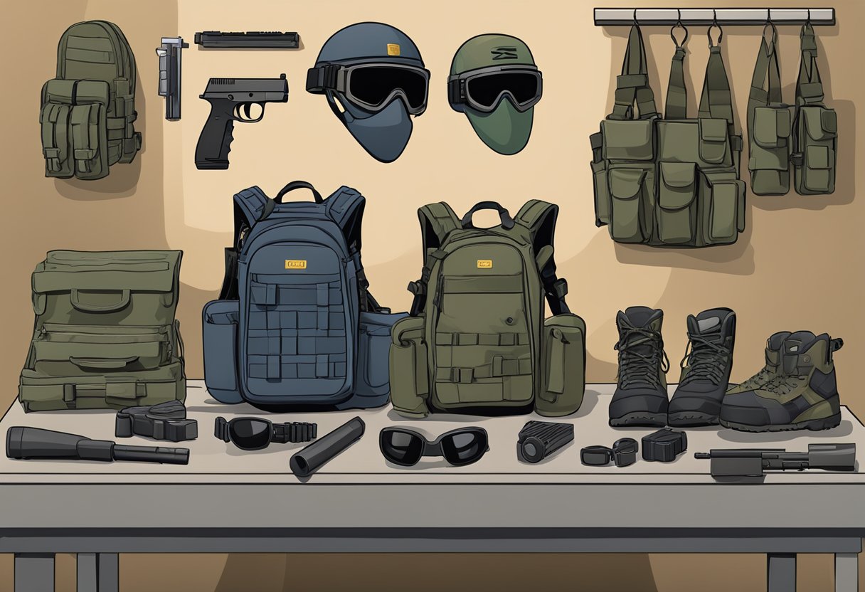 Airsoft gear laid out on a table, including protective goggles, face masks, rifles, and ammunition. Safety guidelines posted on the wall