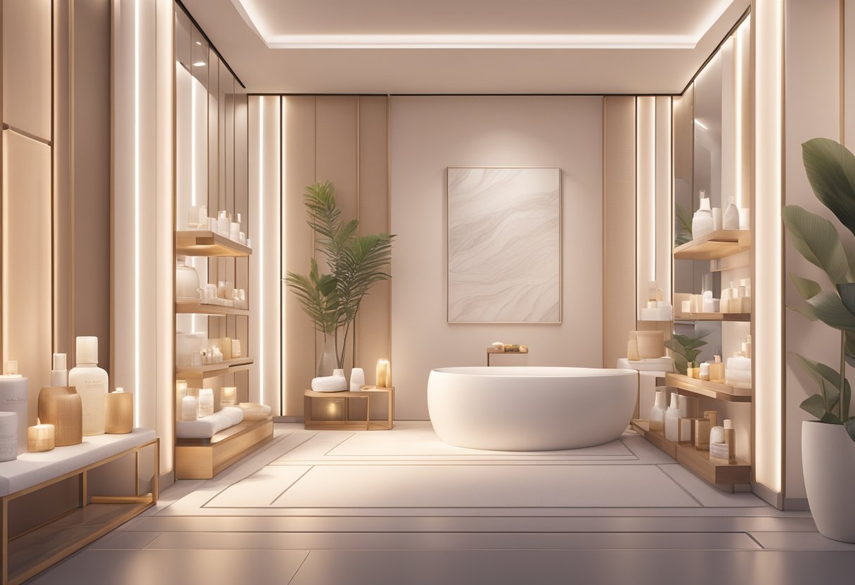 A serene spa setting with minimalist decor, soft lighting, and a display of luxurious skincare products at Skin Inc Singapore