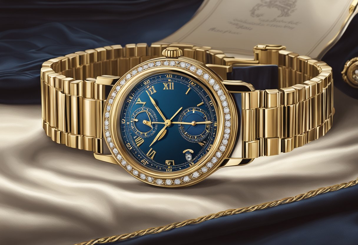 A luxurious Patek Philippe watch displayed on a velvet cushion, surrounded by elegant and opulent décor, exuding sophistication and prestige