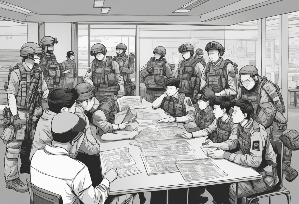 A group of people gathered around a table with a banner reading "Frequently Asked Questions airsoft singapore" while engaging in conversation and looking at informational materials