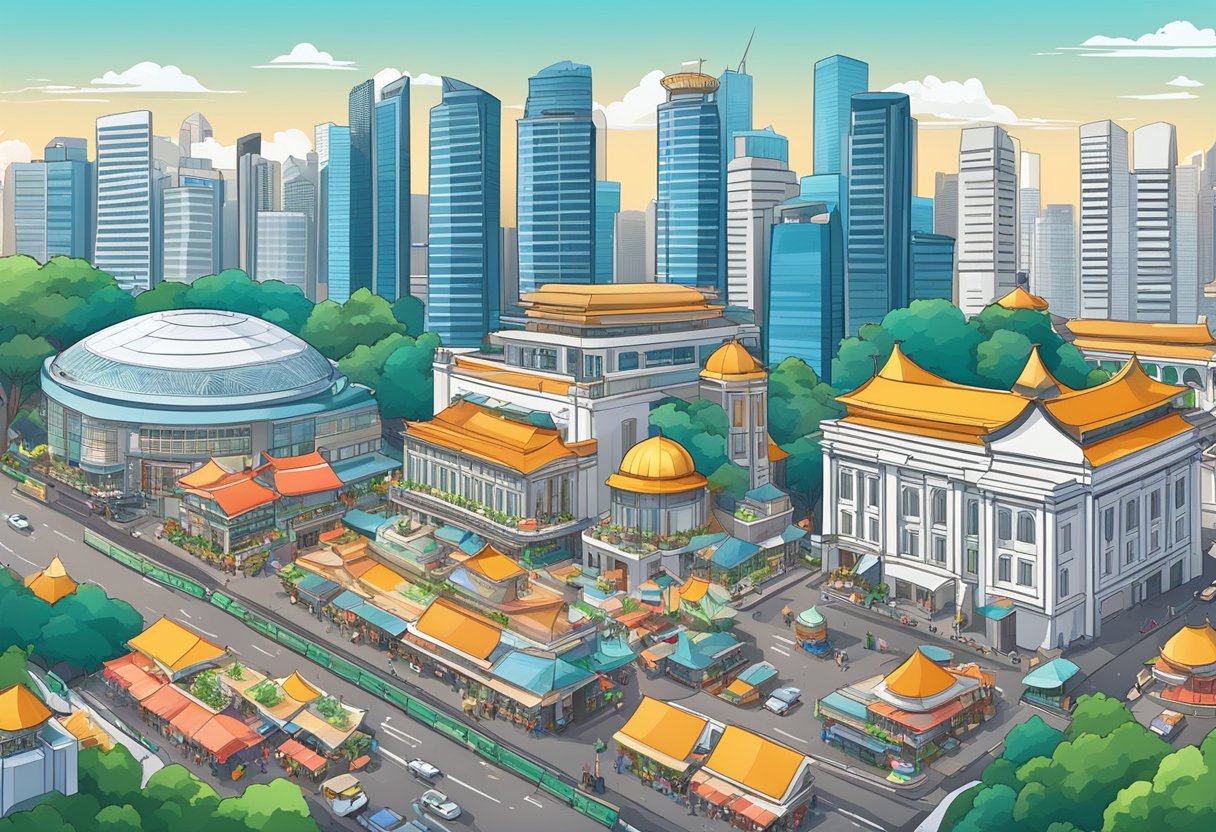 A bustling city skyline with iconic landmarks, luxury hotels, and vibrant street markets in Singapore