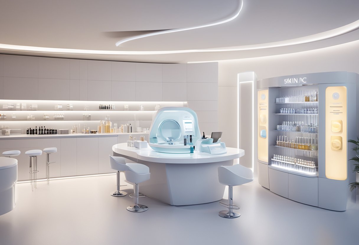 Skin Inc's innovative approach: a sleek, futuristic skincare lab with cutting-edge technology and minimalist design, showcasing customizable serums and high-tech skin analysis tools