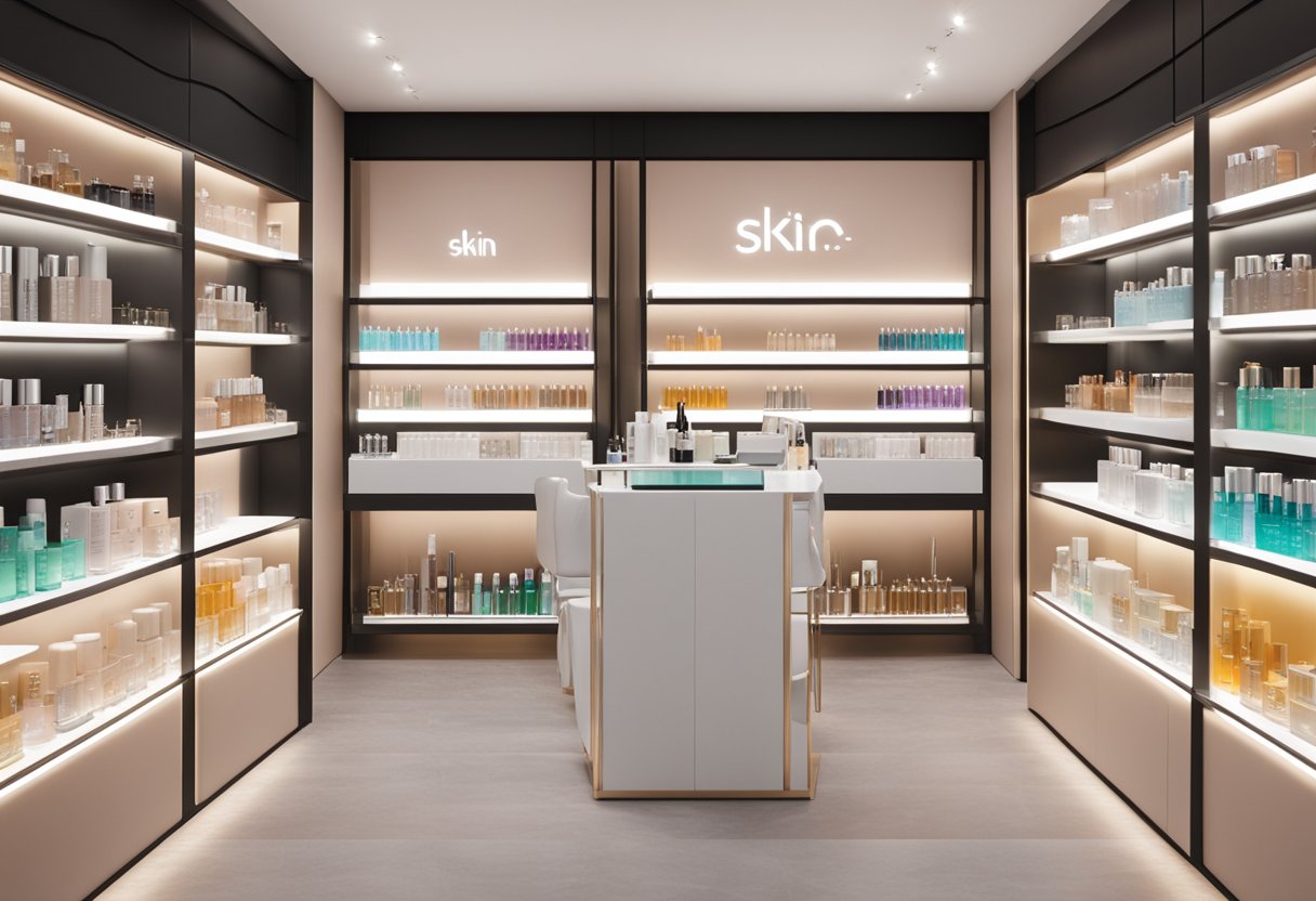 Skin Inc's product range displayed on sleek, modern shelves with soft lighting, showcasing their signature serums, masks, and skincare devices
