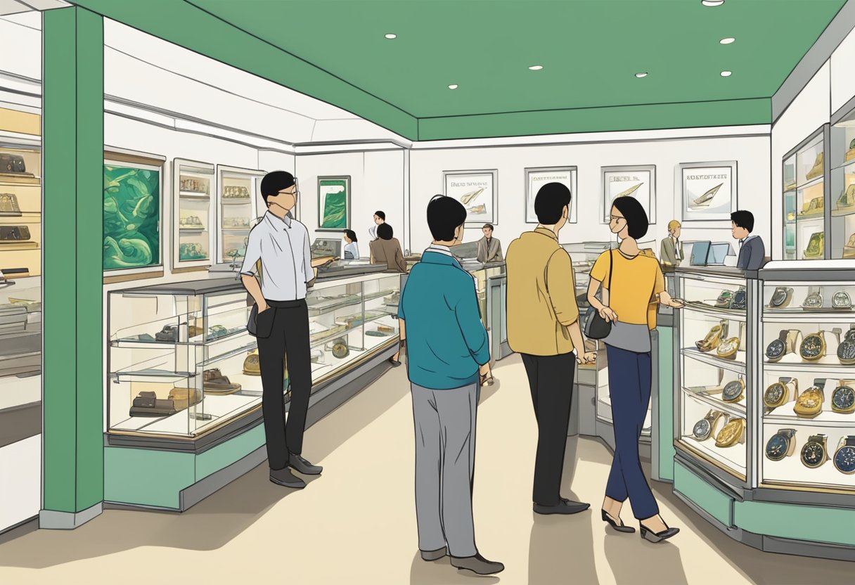 A display of second-hand Rolex watches in a Singaporean shop, with customers browsing and a salesperson answering questions
