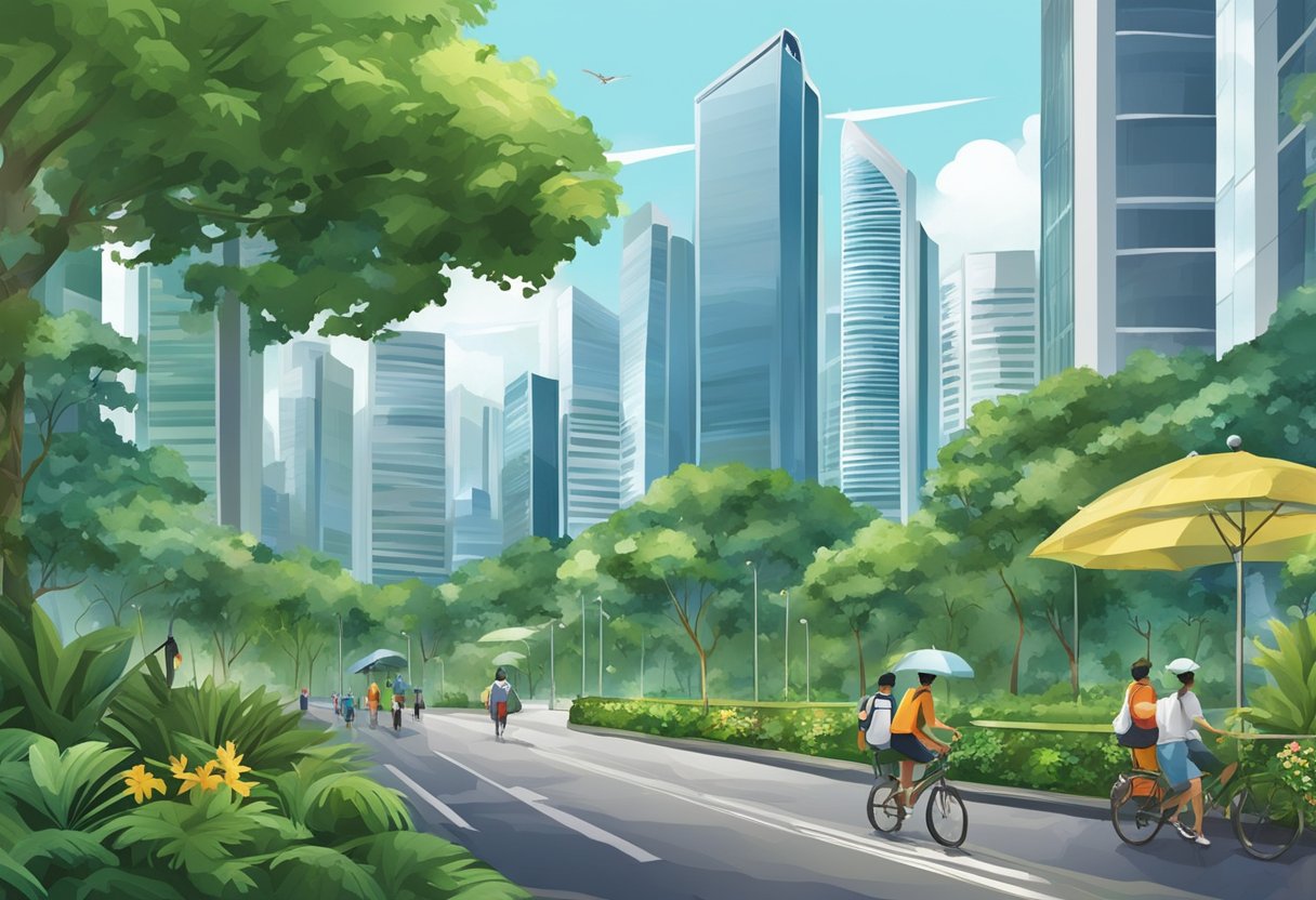 The bustling Singapore metropolitan area is surrounded by lush greenery and modern skyscrapers, with a tropical climate creating a mix of sun and occasional rain