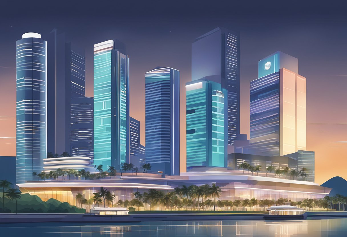 A bright spotlight shines on a row of sleek, modern buildings in Singapore, showcasing the city's new and upcoming hotels