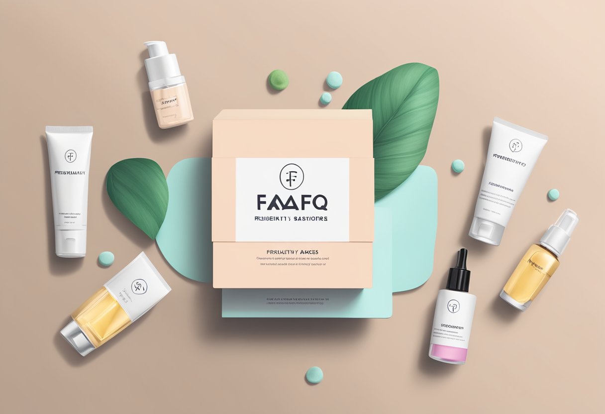 A stack of FAQ cards with "Frequently Asked Questions" and "skin inc singapore" written on them, surrounded by skincare products and a logo
