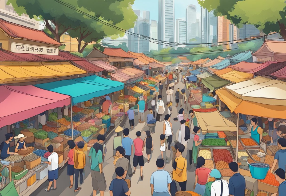 A bustling street market in Singapore, with colorful stalls selling grains and spices, surrounded by vibrant, bustling crowds