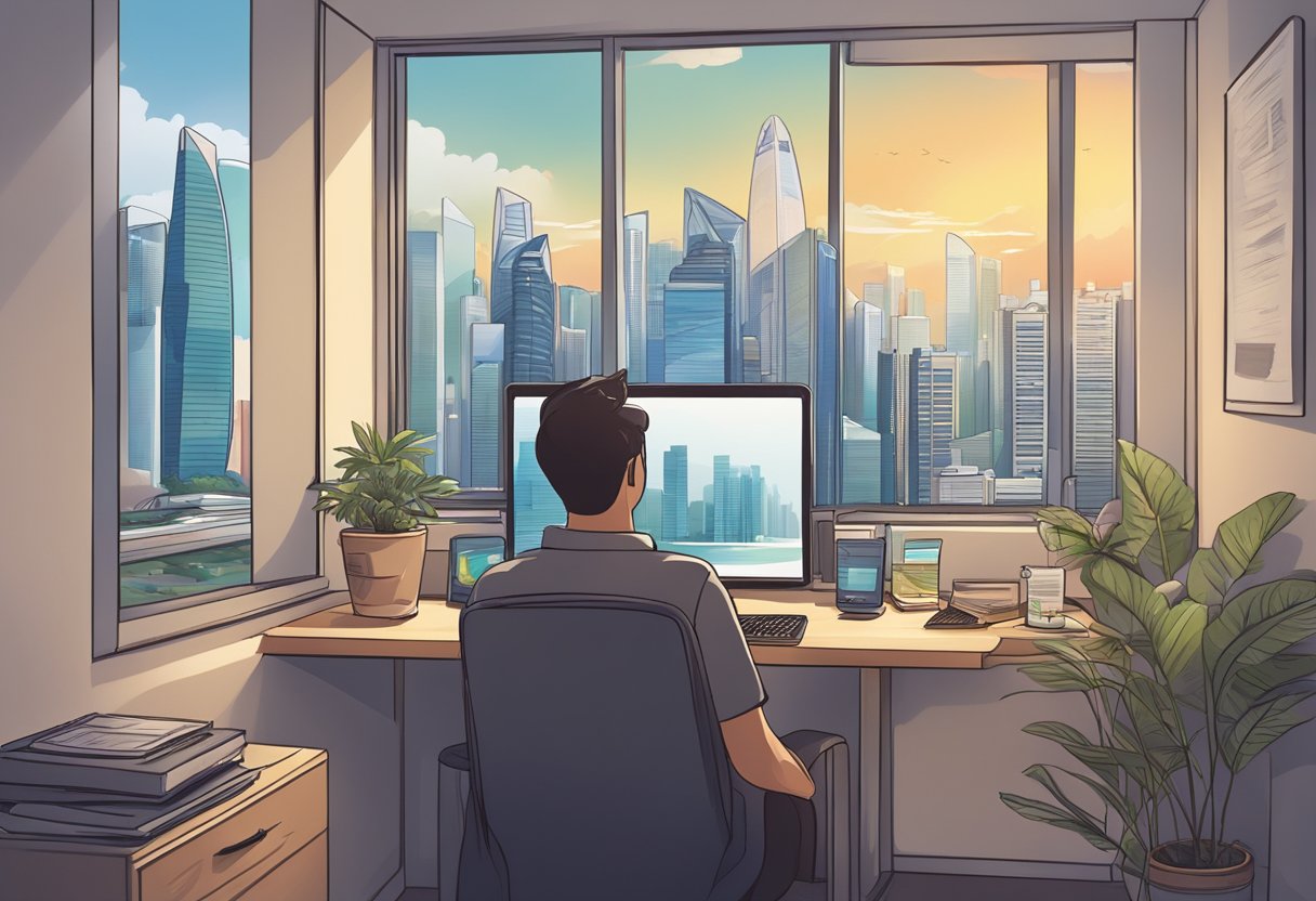 A traveler excitedly browses through a variety of hotel deals on a computer, with the skyline of Singapore in the background