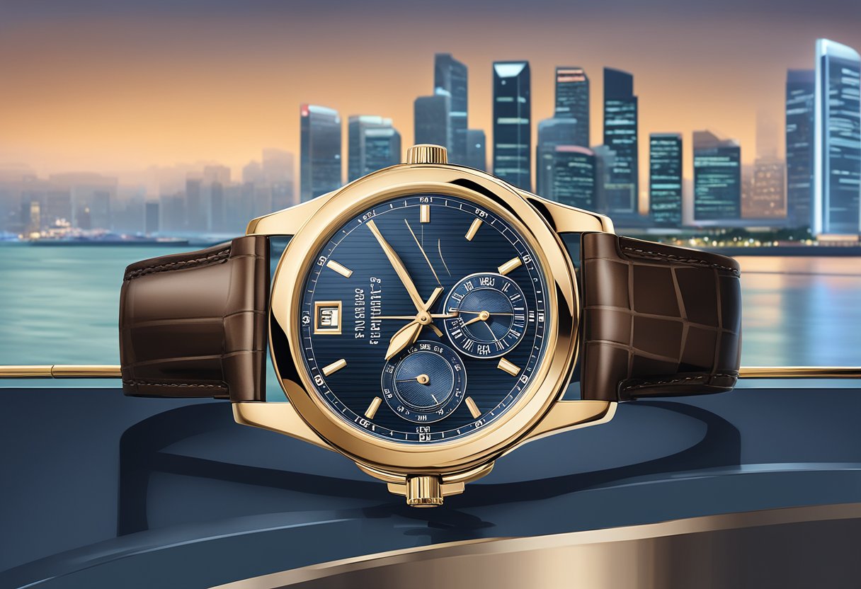 A sleek Patek Philippe watch displayed on a clean, modern surface with the Singapore skyline in the background