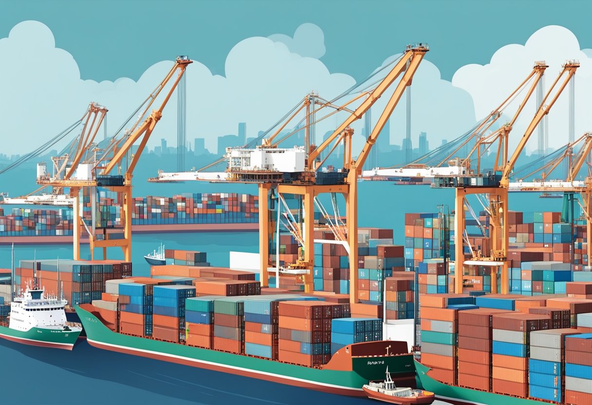 Cranes and cargo ships fill the bustling Singapore port, with containers stacked high and bustling activity on the docks