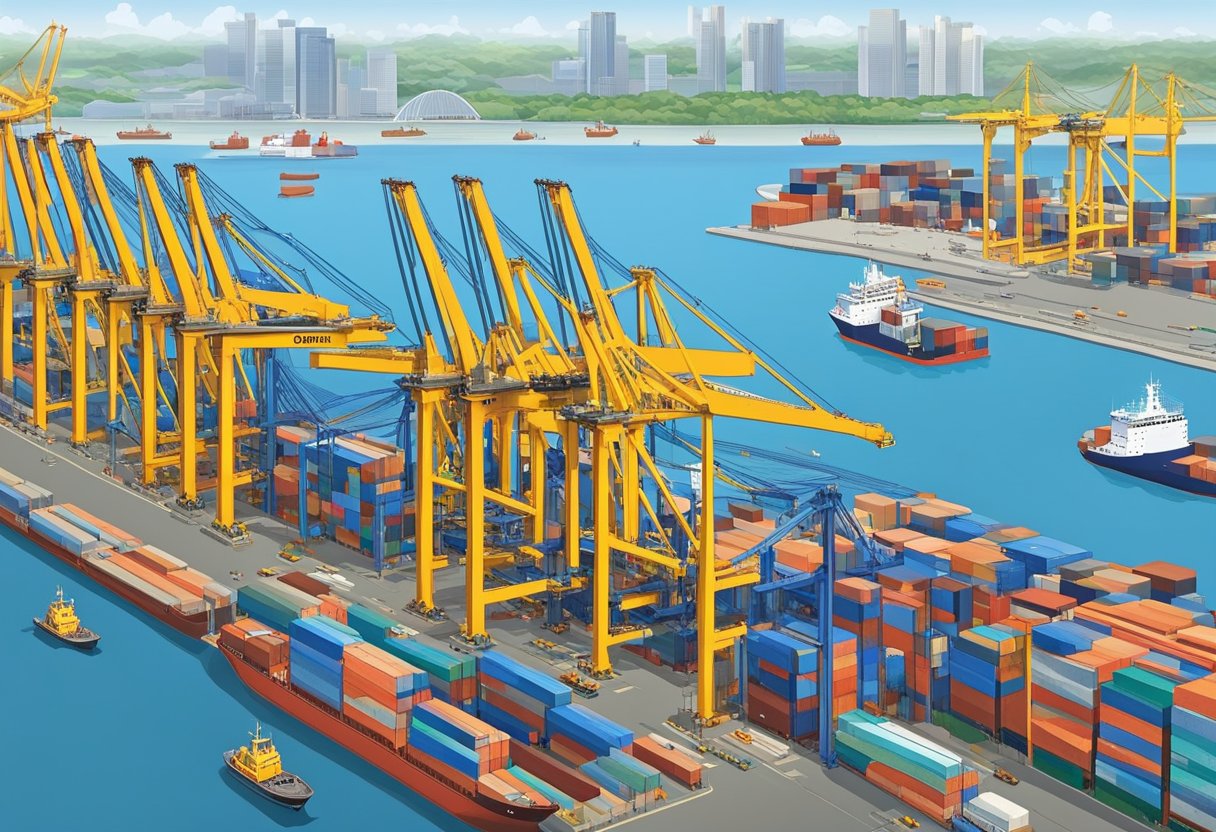 Ships from around the world dock at Singapore Port, surrounded by towering cranes and bustling activity. The skyline of the city provides a backdrop to the constant flow of goods being loaded and unloaded