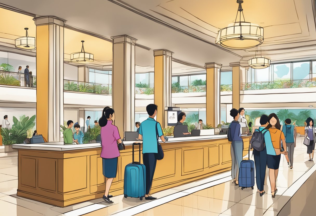 A bustling hotel lobby in Singapore, with guests checking in at the front desk and staff assisting with luggage. A large sign displays "Frequently Asked Questions" for new hotels