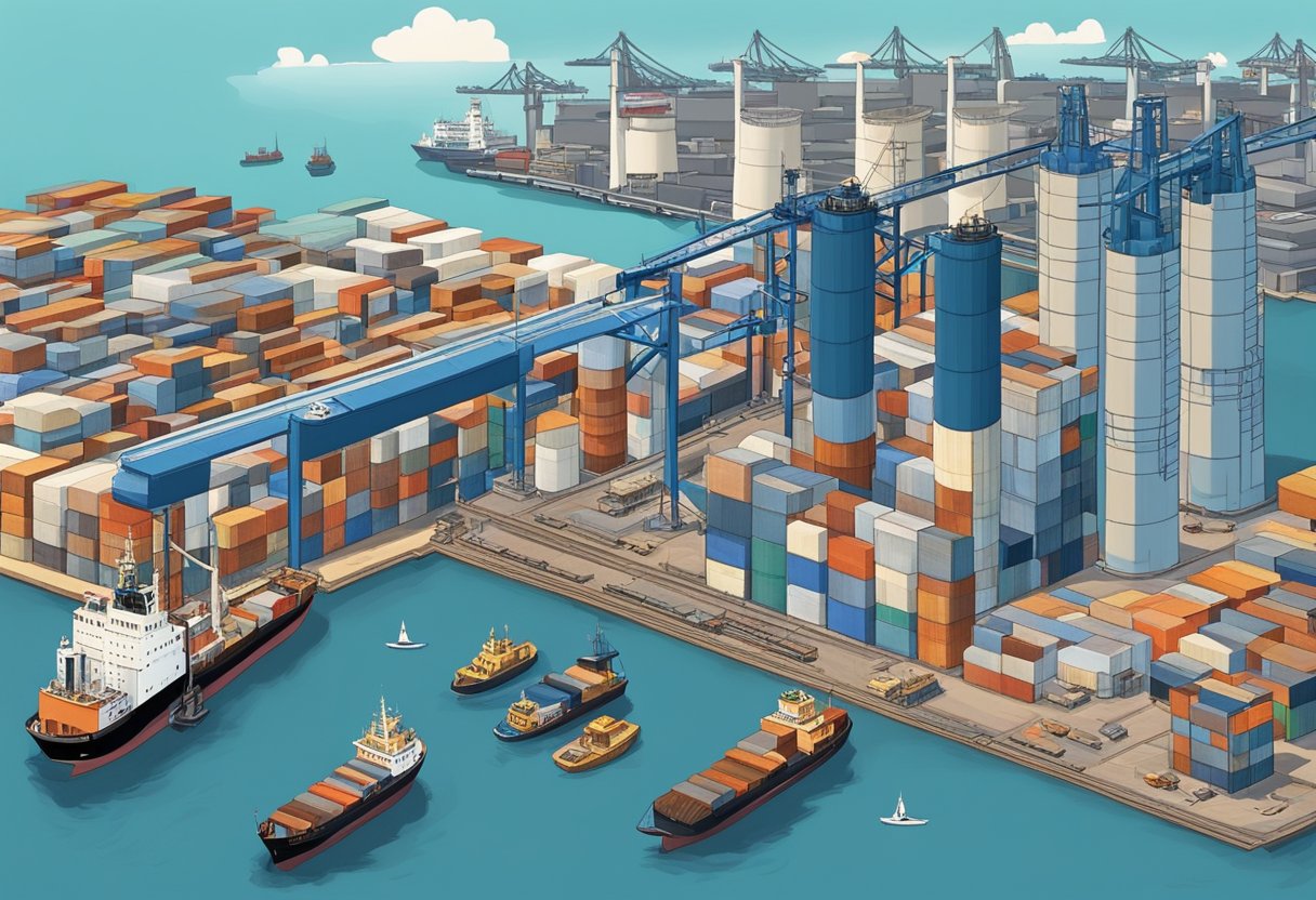 A bustling port with ships unloading sacks of grain onto the docks, surrounded by tall silos and warehouses in the heart of Singapore