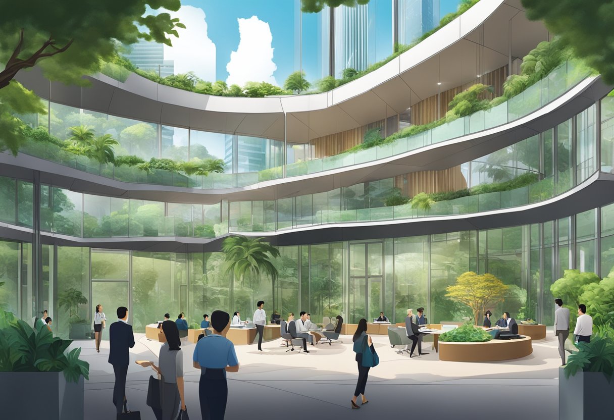 The Singapore Mediation Centre bustles with professionals in dialogue, surrounded by modern architecture and lush greenery