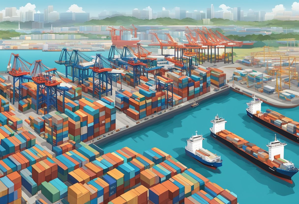 Cranes and cargo ships fill the bustling Singapore port, surrounded by warehouses and infrastructure