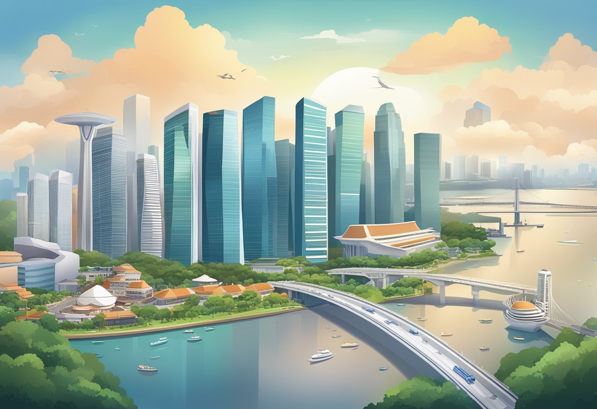 The bustling Singapore metropolitan area with skyscrapers, bustling streets, and iconic landmarks like the Marina Bay Sands and the Singapore Flyer
