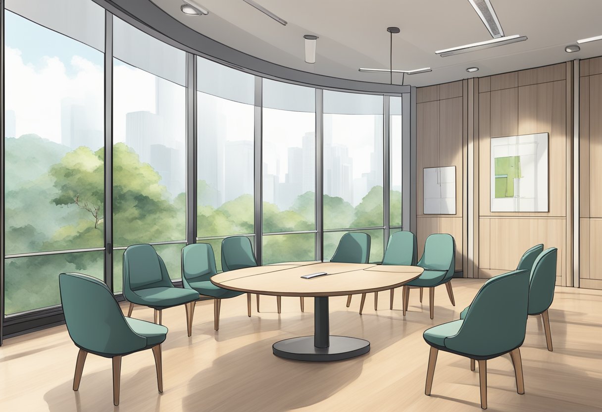 A serene meeting room with two chairs facing each other, a table in between, and large windows letting in natural light. A sign on the wall reads "Understanding Mediation and the SMC Singapore Mediation Centre."