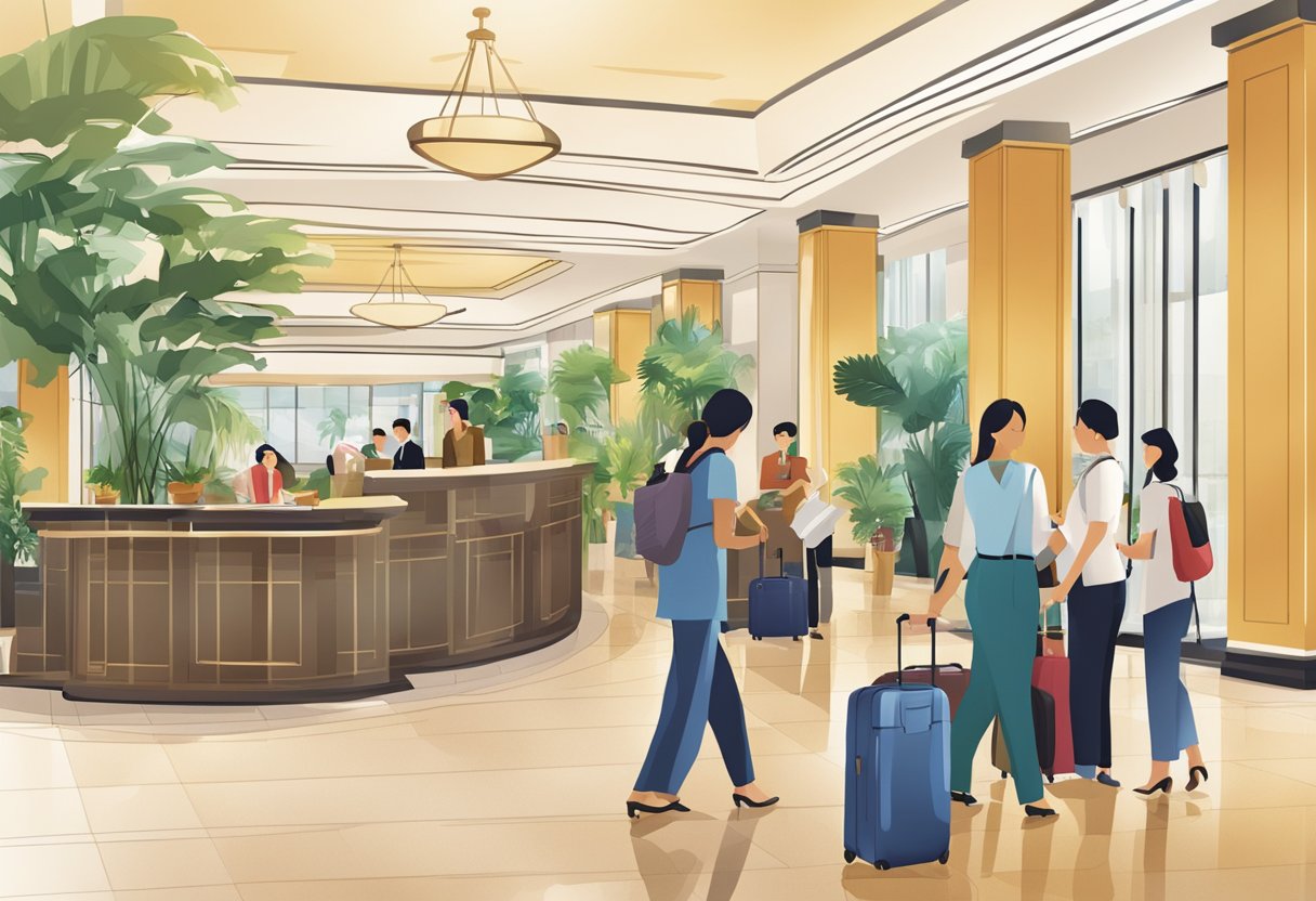A bustling hotel lobby with a prominent "Singapore Hotel Deals" sign, guests checking in, and staff assisting with luggage