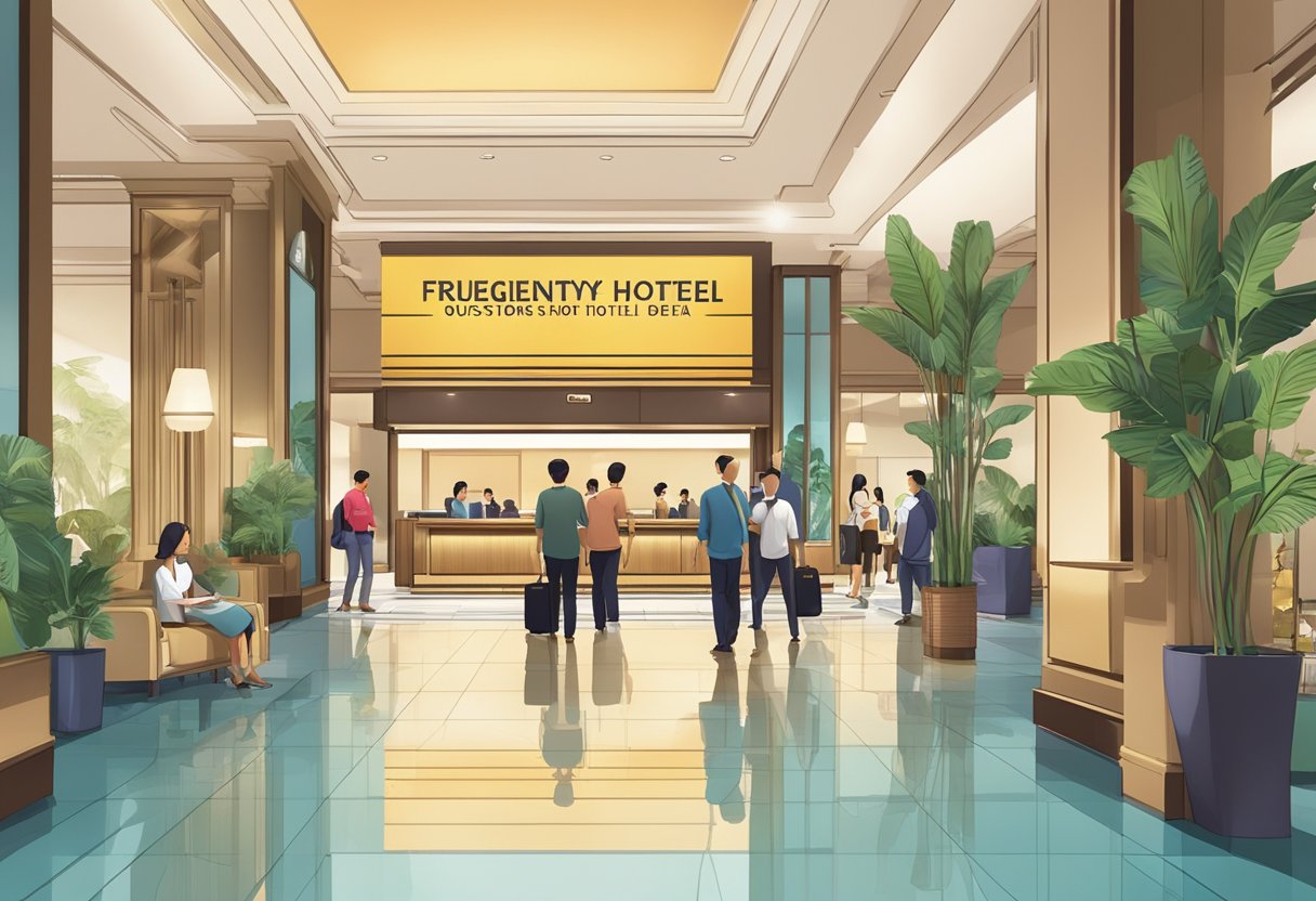 A bustling hotel lobby with a large sign displaying "Frequently Asked Questions" about Singapore hotel deals. People are seen approaching the front desk for information