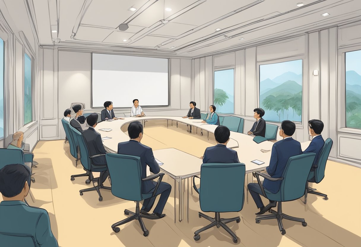 A serene room with two disputing parties sitting across from each other, a mediator facilitating the discussion at the Singapore Mediation Centre