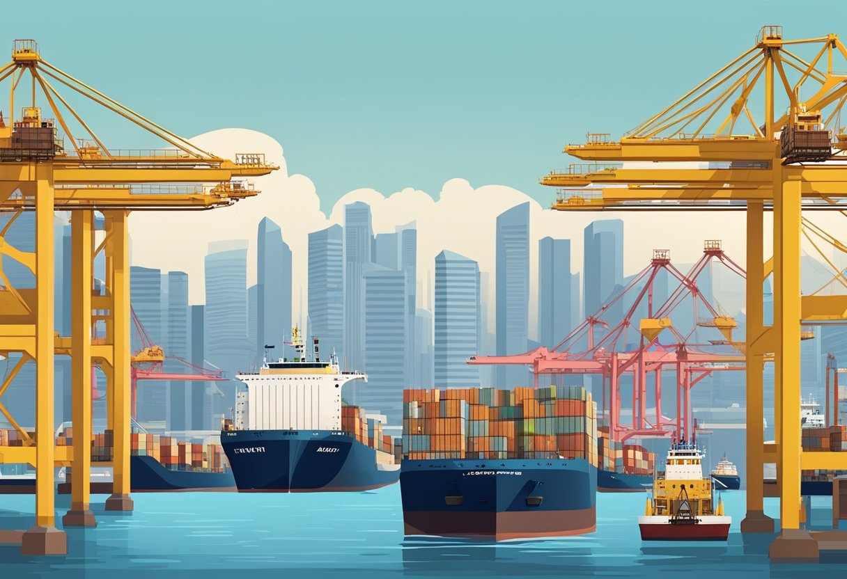 Ships navigating through bustling Singapore port, with cranes loading cargo onto massive vessels