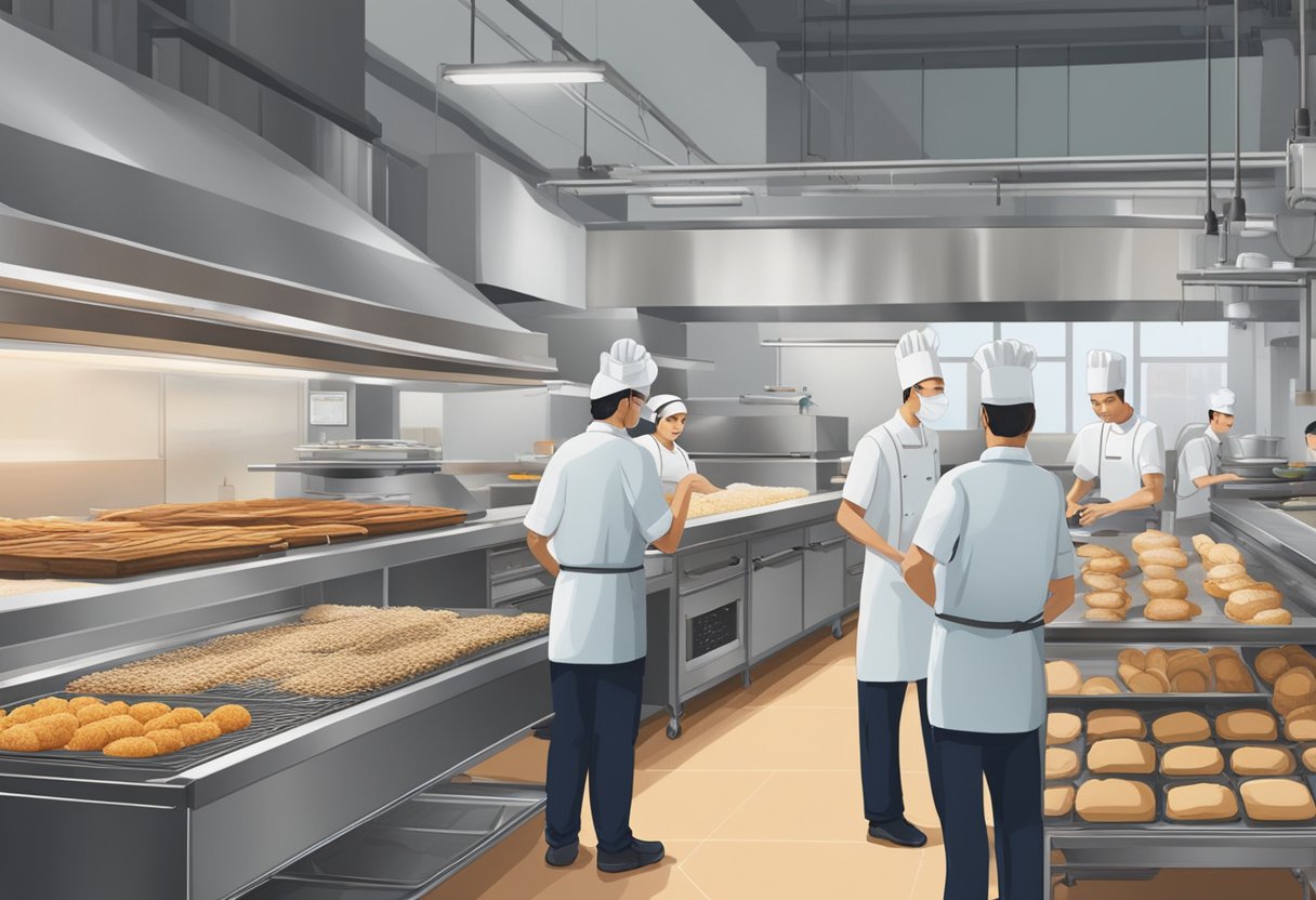 Grain's Operations in Singapore: A bustling kitchen with chefs preparing fresh ingredients, industrial-sized ovens baking bread, and staff packing meals for delivery