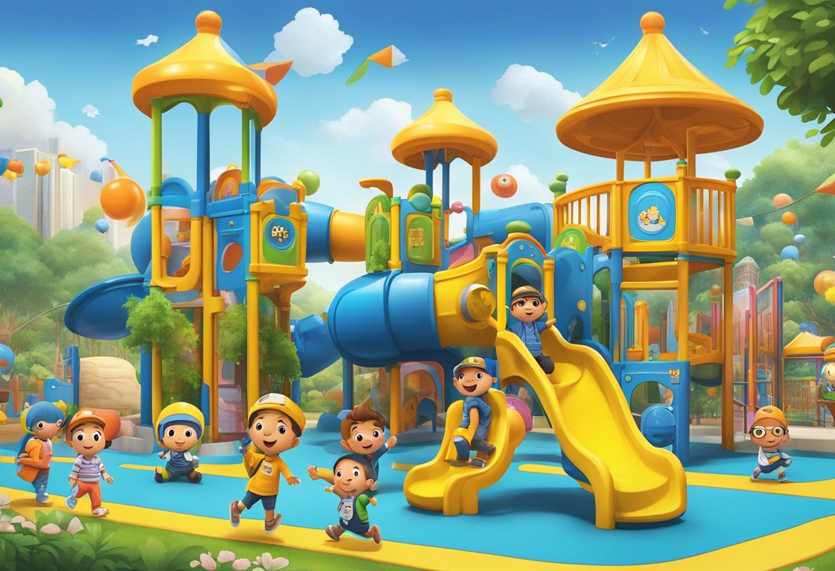 Children play on colorful playground equipment in Pororo Park Singapore, surrounded by vibrant murals and themed decorations