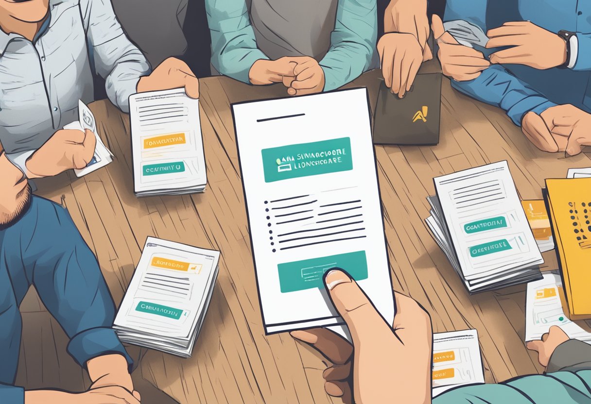 A stack of FAQ cards with "grain singapore" printed on top, surrounded by curious onlookers