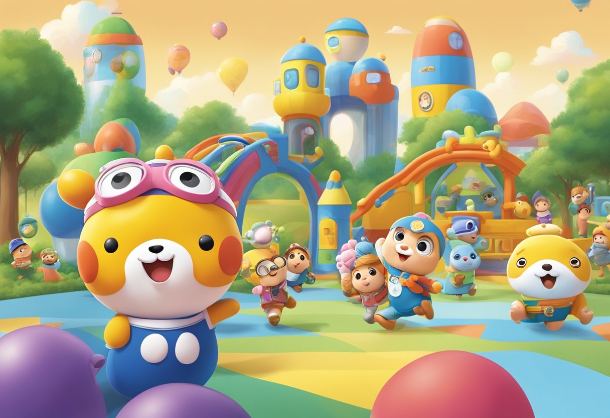 Children playing in Pororo Park's colorful playground, with slides, ball pits, and interactive games. The iconic characters, like Pororo and friends, are featured throughout the park