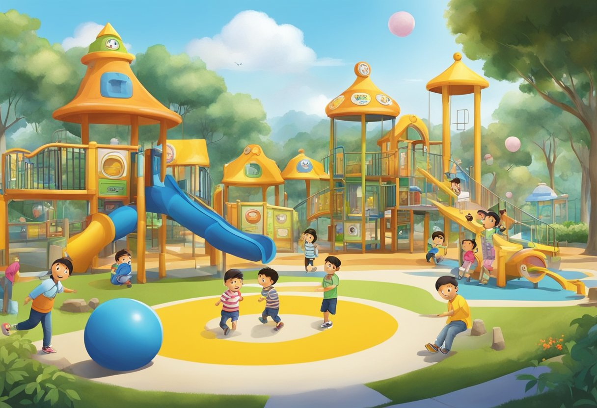 Children playing in colorful playground at Pororo Park Singapore, with informative signs and maps for visitors
