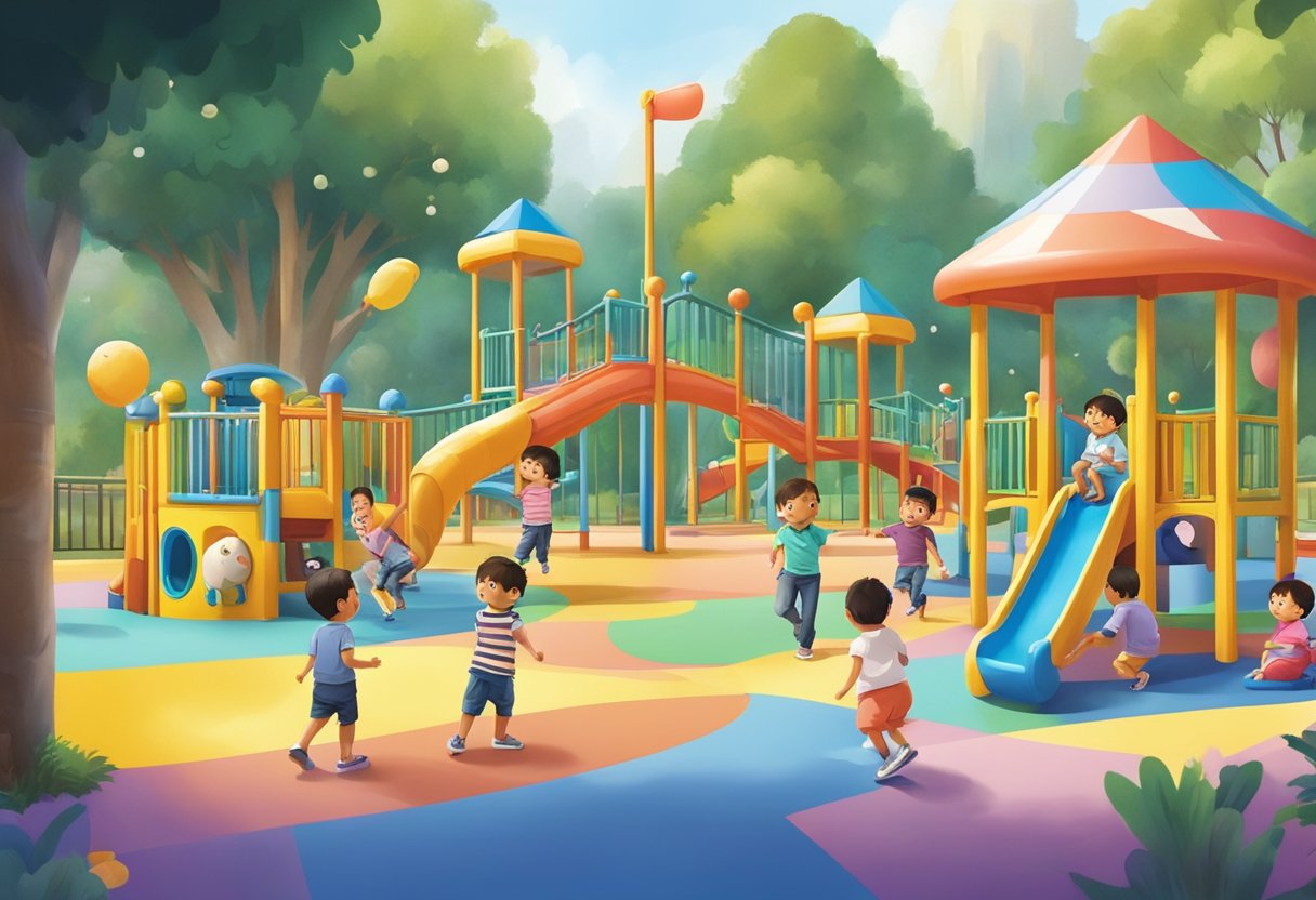 Children playing in colorful playground at Pororo Park Singapore, with parents watching nearby