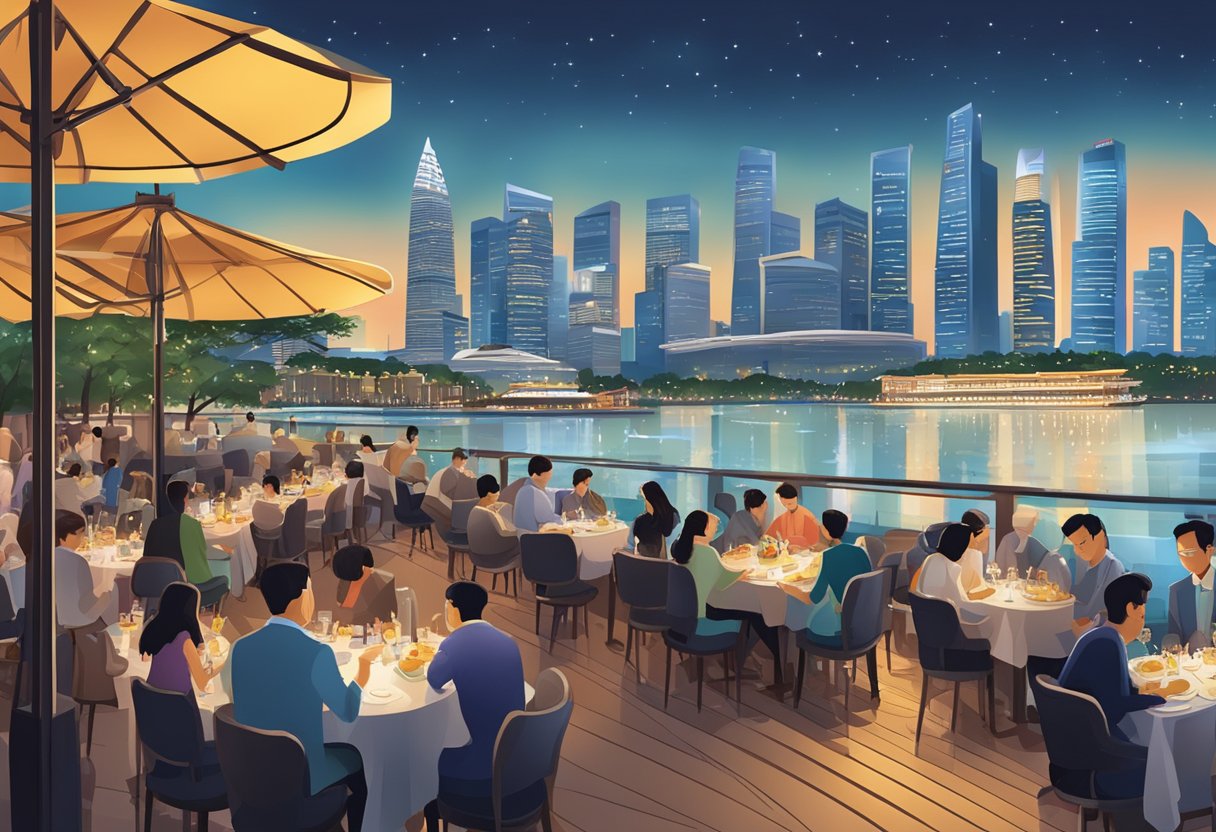 A bustling waterfront lined with elegant restaurants overlooking the glittering Singapore skyline