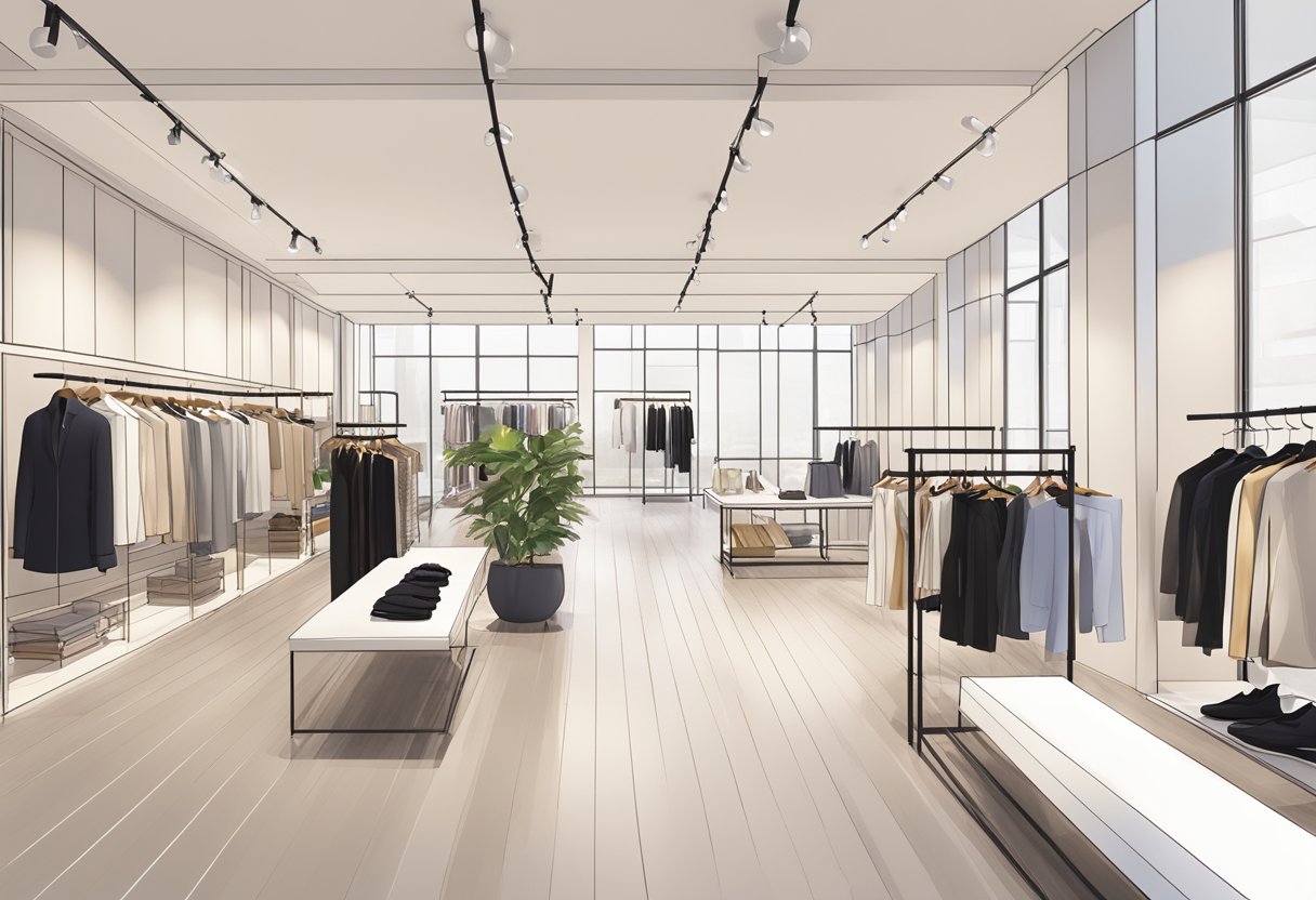 Goelia's Fashion Collections: A modern, sleek showroom with racks of elegant clothing, minimalist decor, and soft lighting