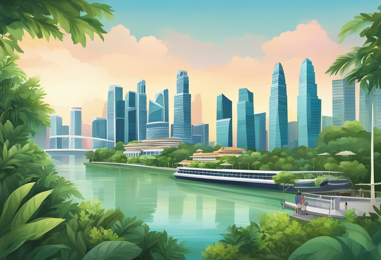 The iconic skyline of Singapore is framed by lush greenery, with elegant restaurants offering delectable cuisine and stunning views of the cityscape