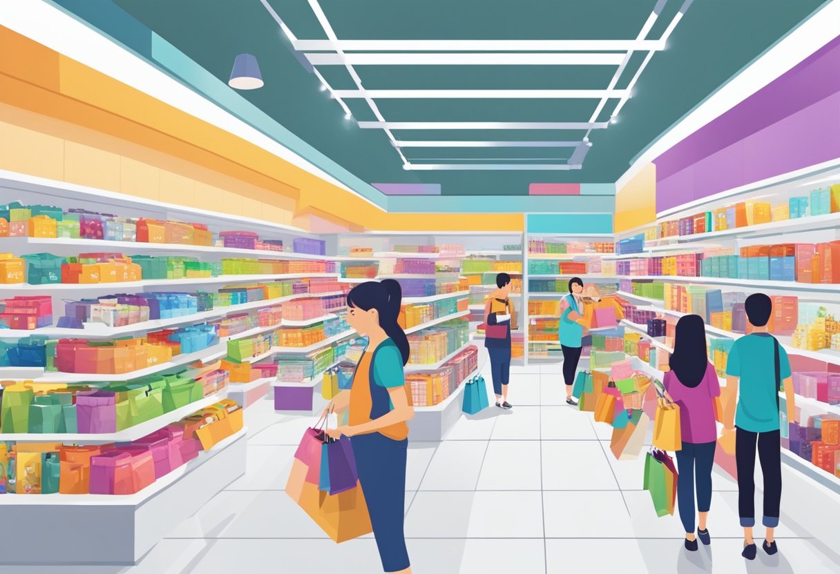 People browsing through colorful displays at the Goelia store in Singapore. Shelves filled with products, customers with shopping bags