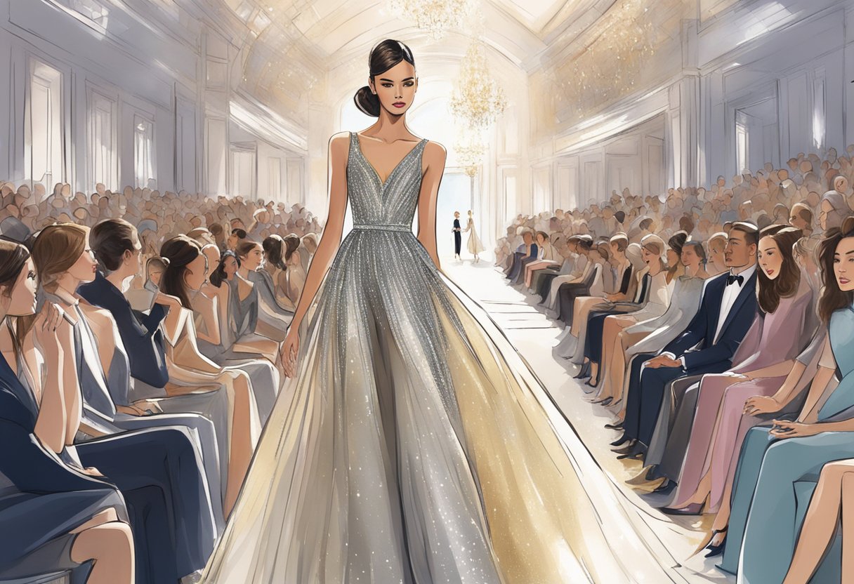A fashion model struts down a glittering runway in a stunning gown for Vogue Singapore